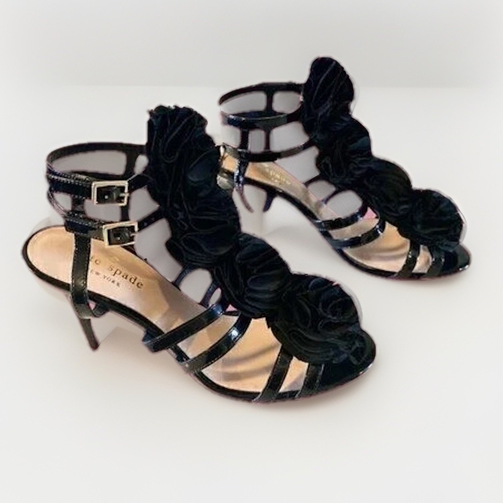 Vintage Kate Spade Black Patent Leather Satin Rose Sandals size 6 Italian Straps